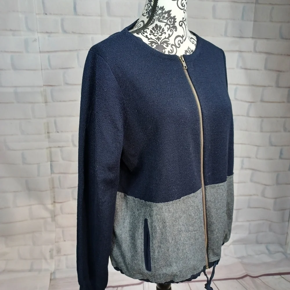 J Crew women's long sleeve zip front color block Marino wool jacket sz m b30